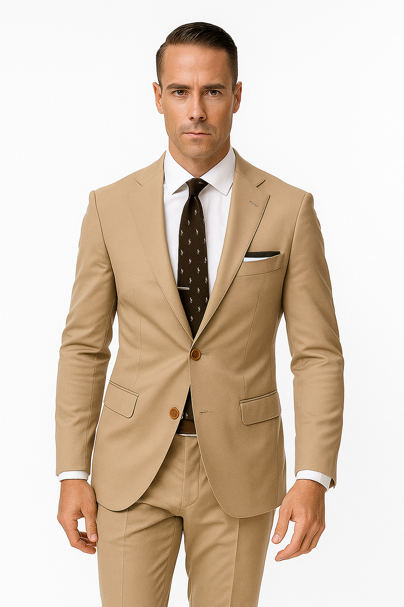 Men's khaki cotton suit. Tailored blazer with two buttons, notch lapels, and flat-front trousers. Consistent tan color throughout.
