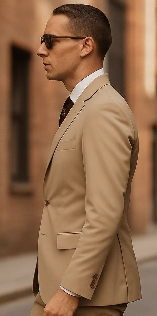 Fitted khaki cotton suit. Single-breasted, lightweight, smooth fabric. Classic lapel, two buttons, side pocket, single back vent. Paired with a white dress shirt.
