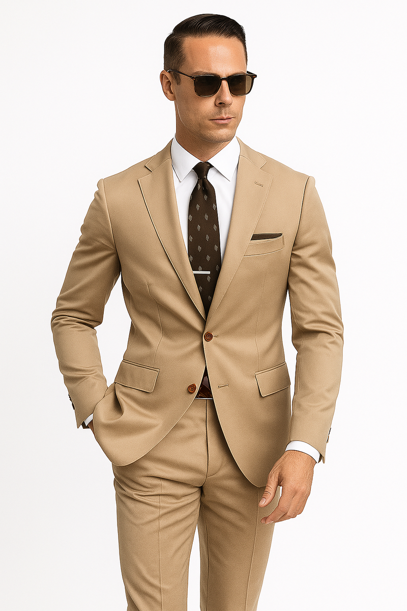 Khaki cotton suit with a tailored fit. Single-breasted jacket with notch lapel and contrasting stitching. Flat-front trousers with a slim fit. Tan color, two-piece design, featuring front and side pockets.
