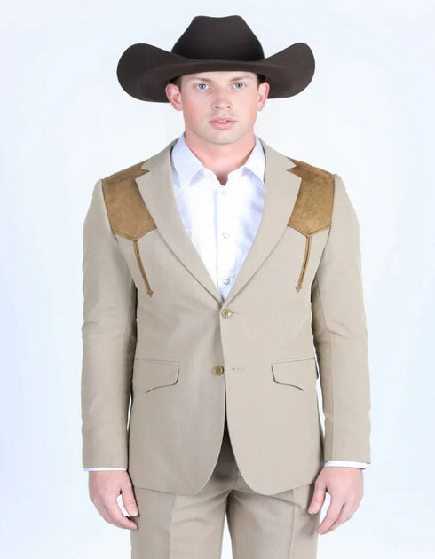 Men's Western Khaki Suit Sport Coat with Suede Yokes and Elbow Patches