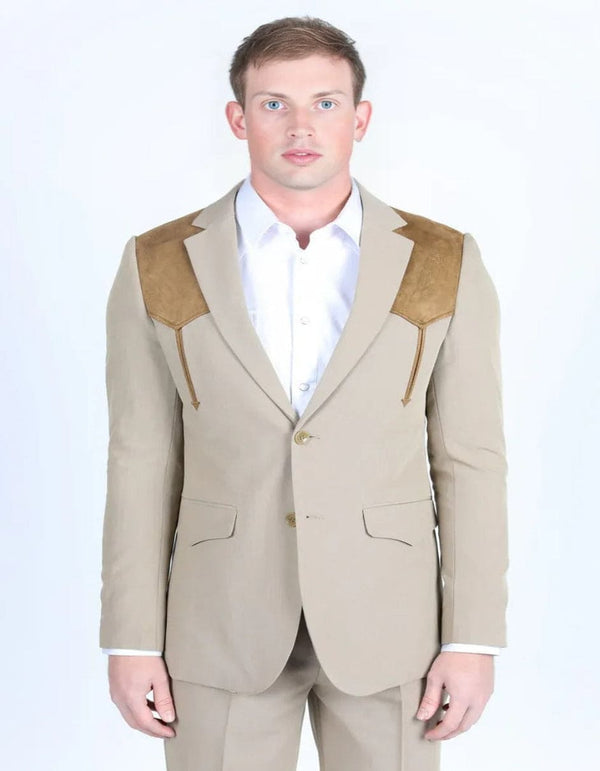 Men's Western Khaki Suit Sport Coat with Suede Yokes and Elbow Patches