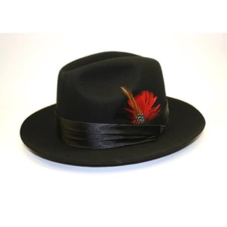Black fedora with rounded crown and narrow brim. Smooth, opaque material. Black satin band with red feather and embellishment encircles the base.
