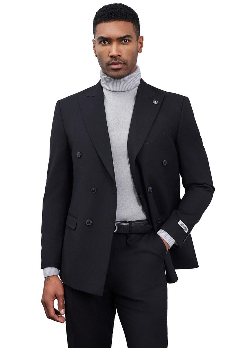 Stacy Adams men's black double-breasted suit. Classic tailored silhouette with prominent lapels, solid black fabric, and modern fit. Features contrasting cuffs, functional pockets, and a sophisticated, formal design.
