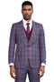 Lavender purple, fitted Stacy Adams suit with bold windowpane plaid. Single-breasted blazer, notched lapel, matching vest. Features prominent purple plaid pattern.
