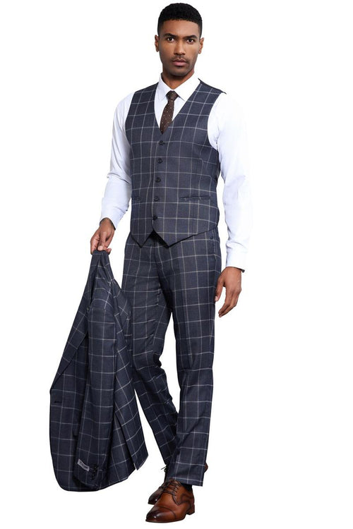 Stacy Adams men's charcoal grey suit with windowpane pattern. Includes vest & tailored trousers. Charcoal grey base with subtle plaid. Vest: notched collar, 3 buttons. Jacket held to show vest.