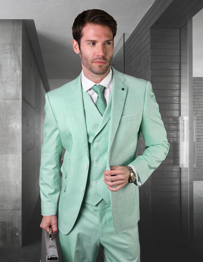 Mens Ticket Pocket Peak Lapel Double breasted Vest 100% Wool Tom Ford Style Modern Fit in Color "Mint" By Statement