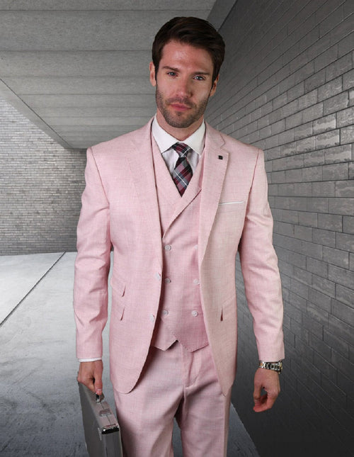 Men's slim fit suit with a double-breasted vest, in light pink. Includes a 2-button jacket with front pockets and matching trousers.