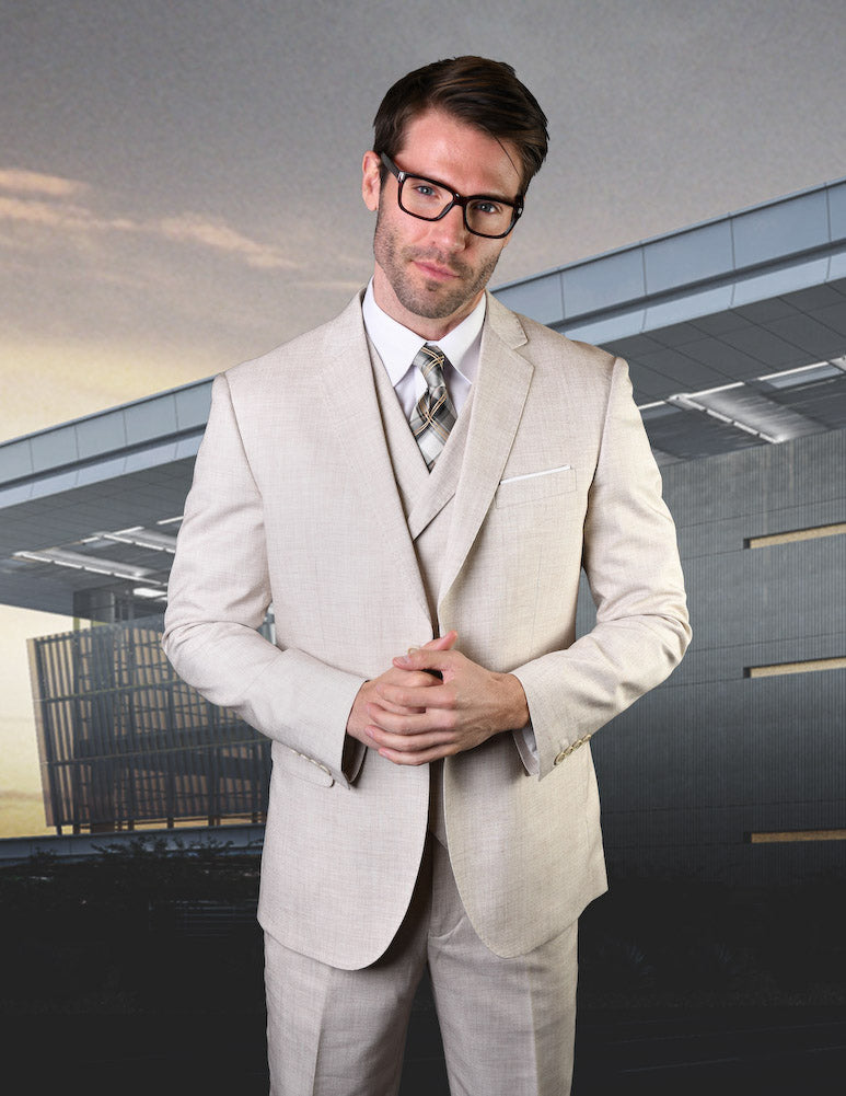 Mens Ticket Pocket Peak Lapel Double breasted Vest 100% Wool Tom Ford Style Modern Fit in Color "Tan" By Statement