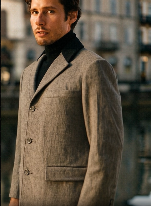 Herringbone Wool & Cashmere Chesterfield Overcoat â€“ 1920s Full Length