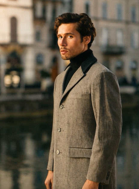 Herringbone Wool & Cashmere Chesterfield Overcoat 1920s Full Length