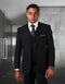 Men's black wool slim fit suit. Tailored 2-button jacket, double-breasted vest, and matching trousers. Solid color, smooth wool finish.