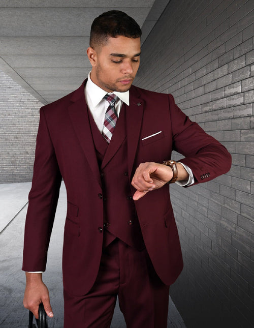 Men's burgundy slim-fit wool suit with a double-breasted vest. Tailored shape, structured design, and sleek lines. 2-button jacket.