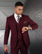 Men's burgundy slim-fit wool suit with a double-breasted vest. Tailored shape, structured design, and sleek lines. 2-button jacket.