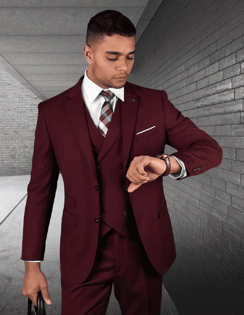 Mens 2 Button Slim  Suit With Double Breasted Vest in Burgundy