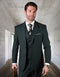 Hunter green, slim-fit men's suit. Two-button jacket, double-breasted vest. Primarily wool, tailored silhouette with notched lapels. Smooth fabric. Vest features button details.
