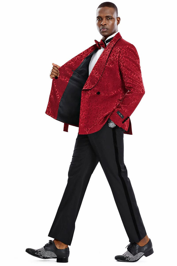 "Burgundy Paisley Men's Slim Fit Double Breasted Tuxedo - Smoking Jacket for Prom 2026 & Wedding"
