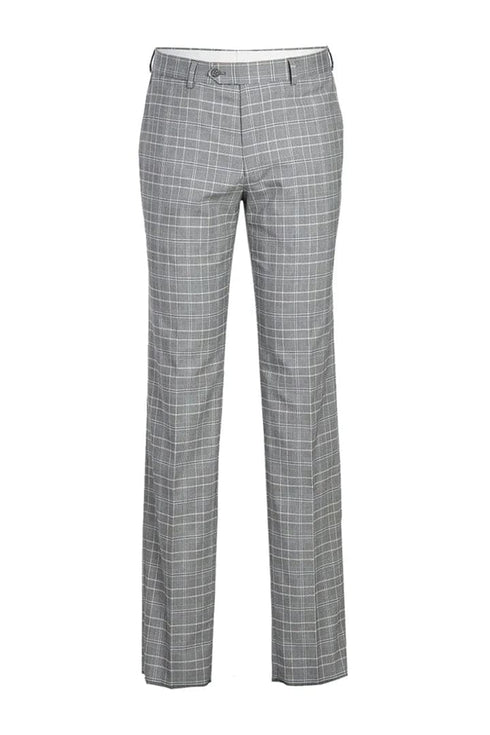 Mens Plaid Suit - Patterned Business Suit - Mens Designer Two Button Slim Fit Peak Lapel Suit In Light Grey Smoke Windowpane Plaid