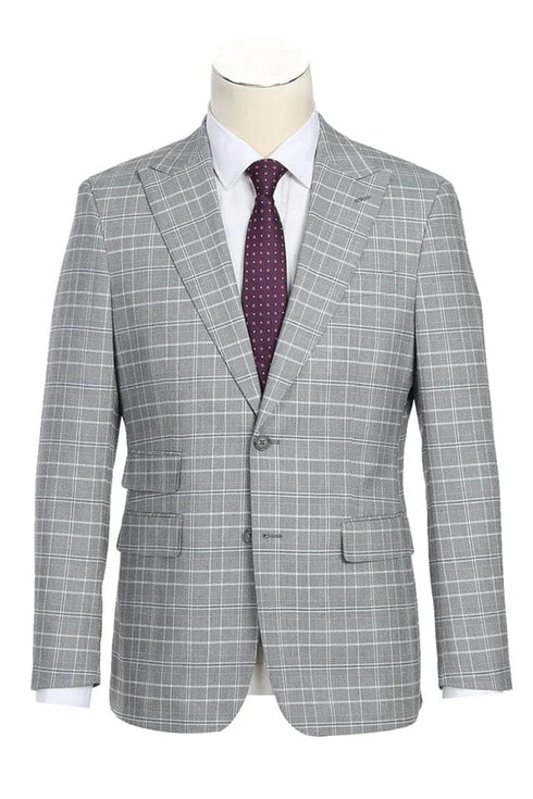 Mens Plaid Suit - Patterned Business Suit - Mens Designer Two Button Slim Fit Peak Lapel Suit In Light Grey Smoke Windowpane Plaid