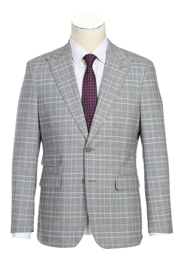 Mens Plaid Suit - Patterned Business Suit - Mens Designer Two Button Slim Fit Peak Lapel Suit In Light Grey Smoke Windowpane Plaid