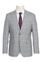 Mens Plaid Suit - Patterned Business Suit - Mens Designer Two Button Slim Fit Peak Lapel Suit In Light Grey Smoke Windowpane Plaid