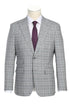 Mens Plaid Suit - Patterned Business Suit - Mens Designer Two Button Slim Fit Peak Lapel Suit In Light Grey Smoke Windowpane Plaid