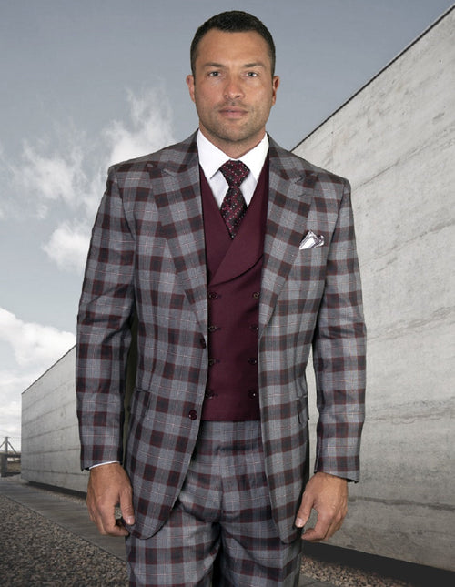 Burgundy plaid wool suit with a double-breasted vest. Features peak lapels, gray/burgundy/black check pattern, tailored fit, structured jacket, and matching trousers.
