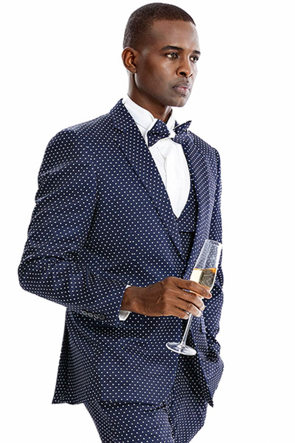 "Polka Dot Prom 2025 Suit for Men - One Button Vested in Navy & White"