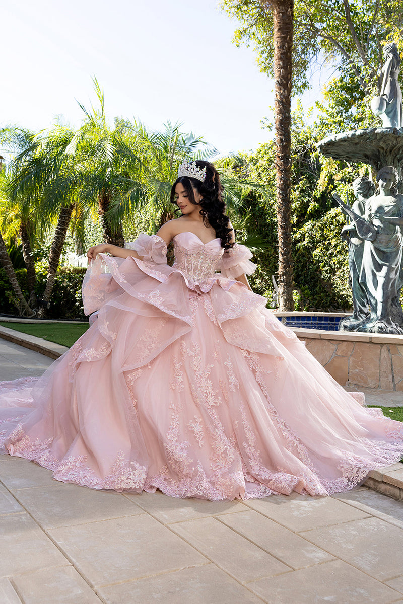 Quinceañera Ball Gown with Corset Bodice 3D Lace Appliqués & Detachable Train By Layla K LK289