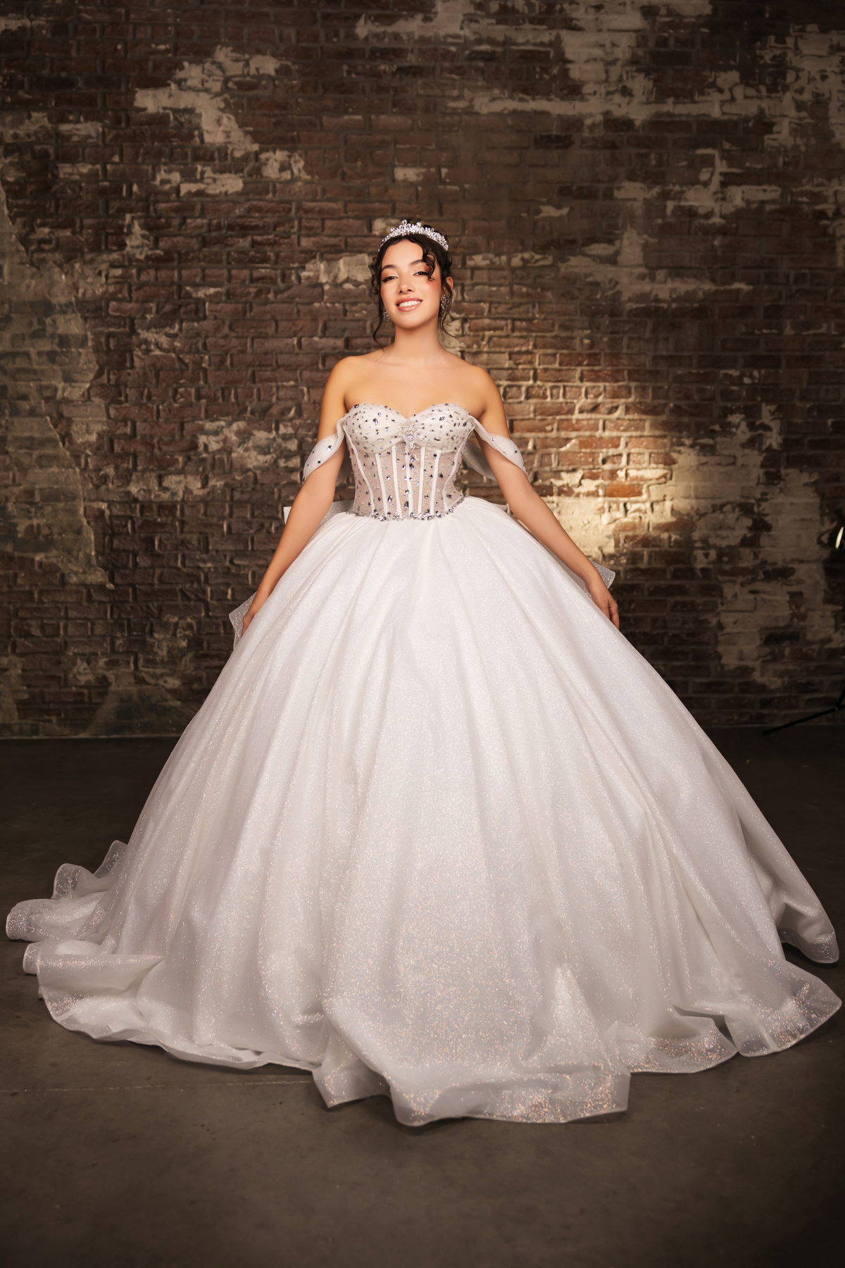 Layla K LK281 Off-White Crystal Embellished Corset Ball Gown Glitter Quinceañera Dress