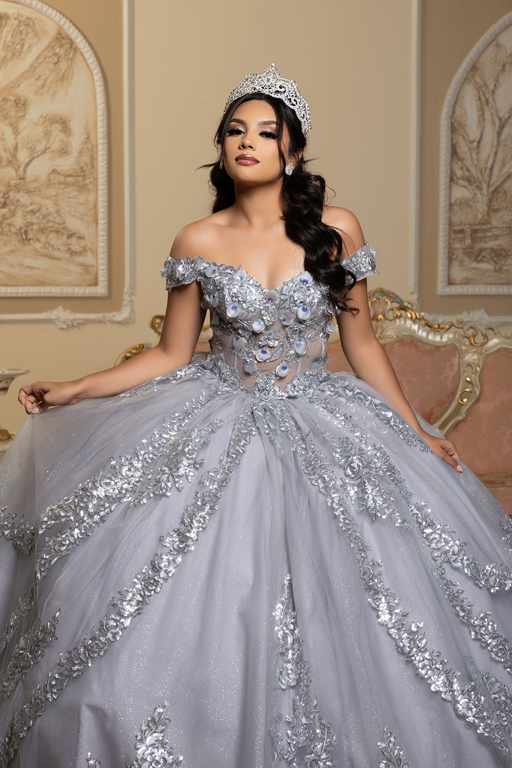 Off the Shoulder Quinceañera Ball Gown with Sequins 3D Floral Lace Sweet 16 Dress by Layla K LK285