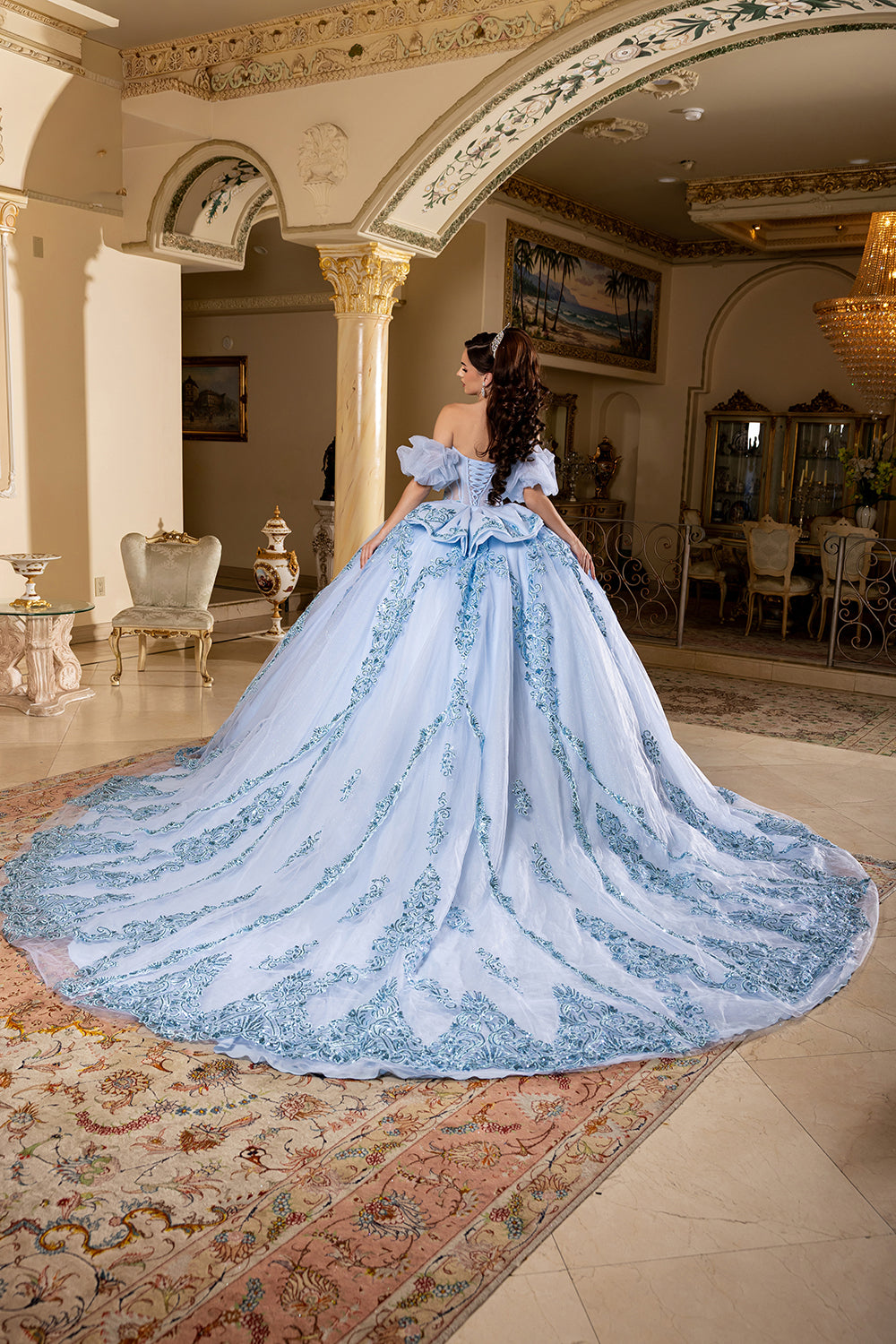 Quinceañera Ball Gown with Beaded Corset Bodice Lace Appliqués & Cathedral Train by Layla K LK290