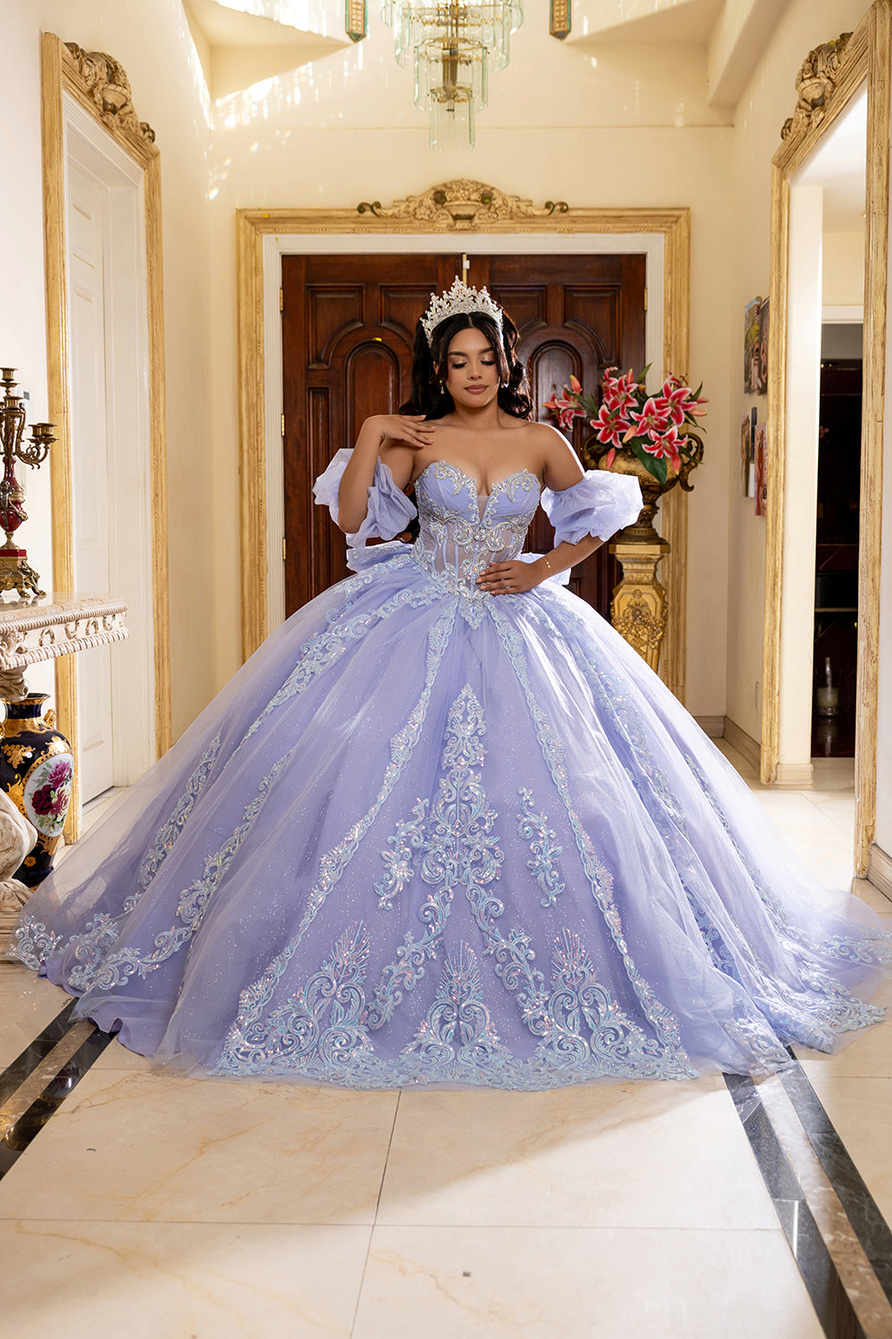 Quinceañera Ball Gown with Beaded Corset Bodice Lace Appliqués & Cathedral Train by Layla K LK290