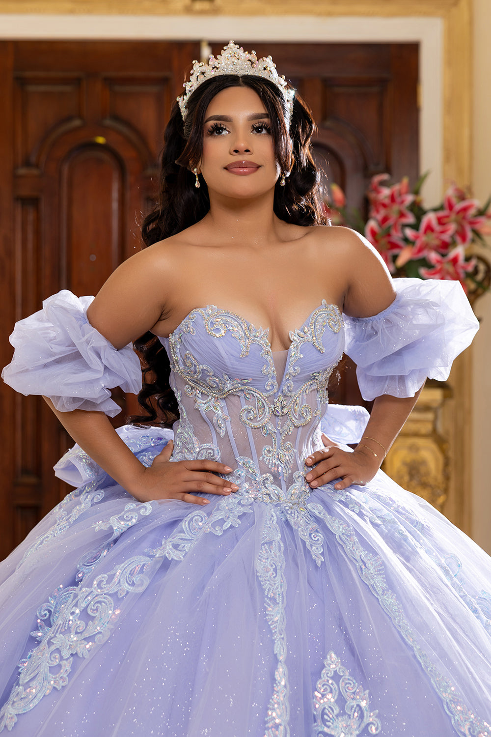 Quinceañera Ball Gown with Beaded Corset Bodice Lace Appliqués & Cathedral Train by Layla K LK290