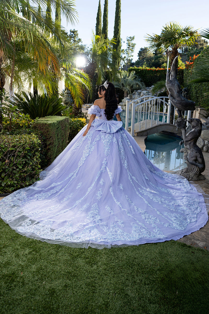 Quinceañera Ball Gown with Beaded Corset Bodice Lace Appliqués & Cathedral Train by Layla K LK290