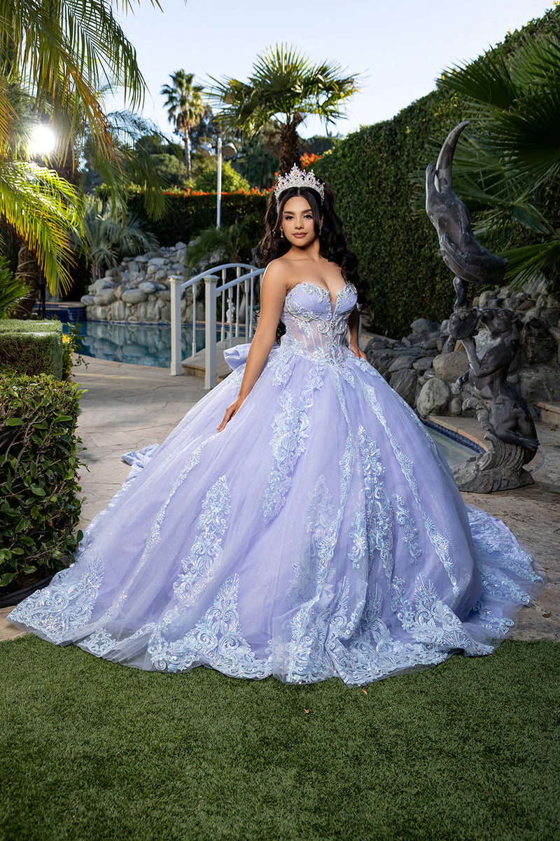 Quinceañera Ball Gown with Beaded Corset Bodice Lace Appliqués & Cathedral Train by Layla K LK290