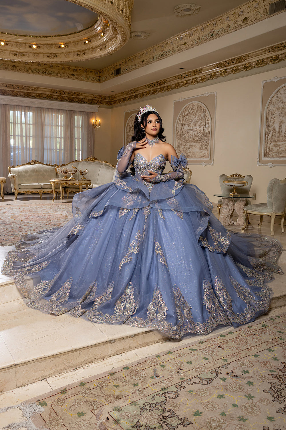 Corset Quinceañera Dress with Detachable Gloves Glitter Tulle Skirt & Embroidery By Layla K LK291