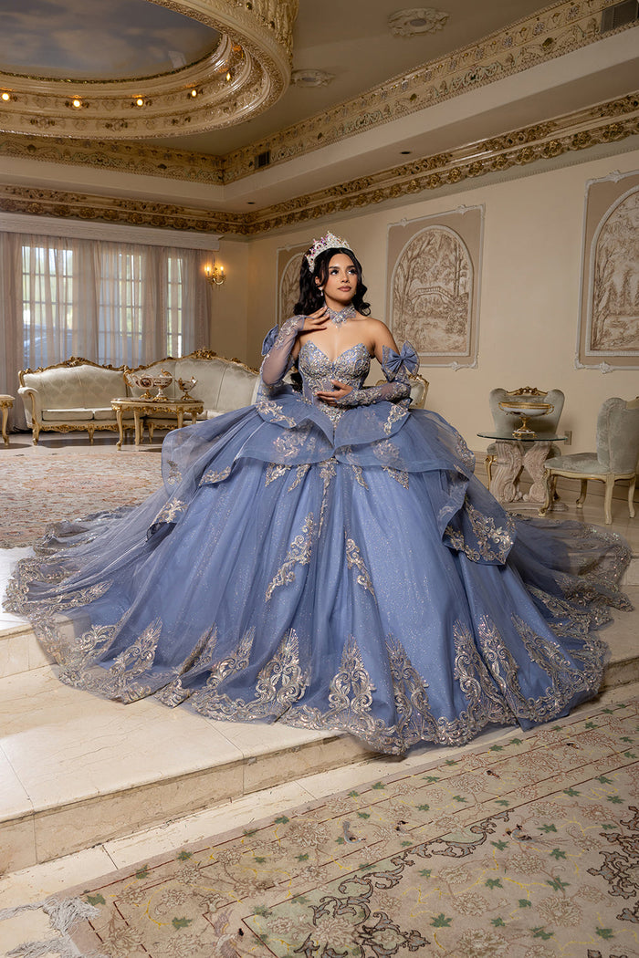 Corset Quinceañera Dress with Detachable Gloves Glitter Tulle Skirt & Embroidery By Layla K LK291