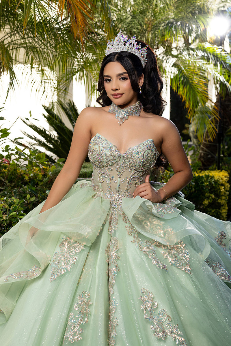 Corset Quinceañera Dress with Detachable Gloves Glitter Tulle Skirt & Embroidery By Layla K LK291