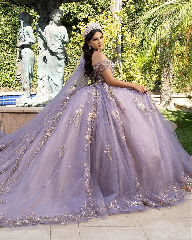 Quinceañera Ball Gown Off Shoulder Glitter Tulle Dress with 3D Floral Appliqués Long Train by Layla K LK292