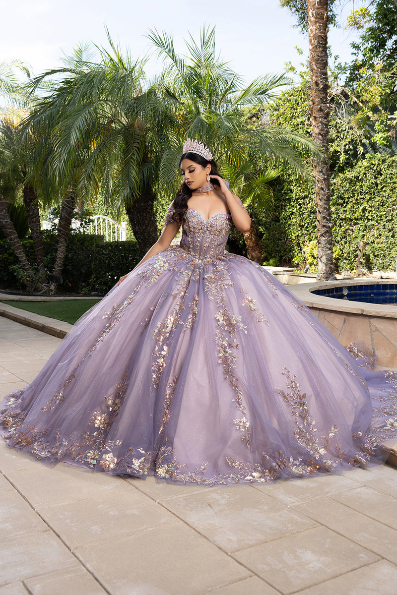 Quinceañera Ball Gown Off Shoulder Glitter Tulle Dress with 3D Floral Appliqués Long Train by Layla K LK292
