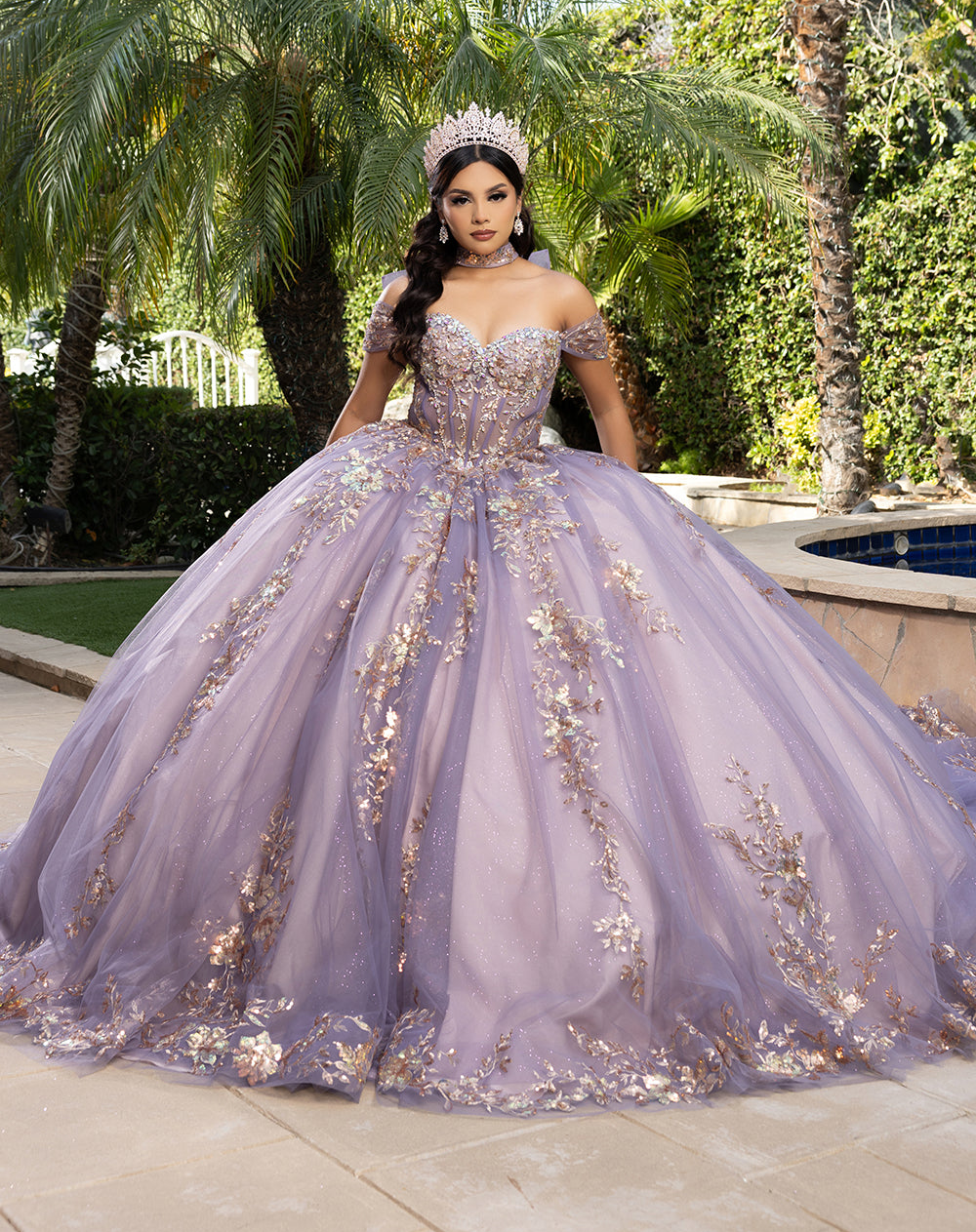 Quinceañera Ball Gown Off Shoulder Glitter Tulle Dress with 3D Floral Appliqués Long Train by Layla K LK292