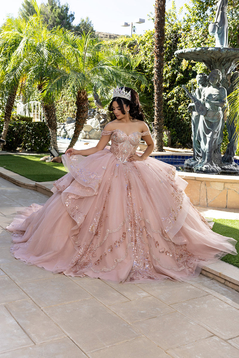 Off-Shoulder Quinceañera Ball Gown with Beaded Corset Long Train & Back Bow By Layla K LK293