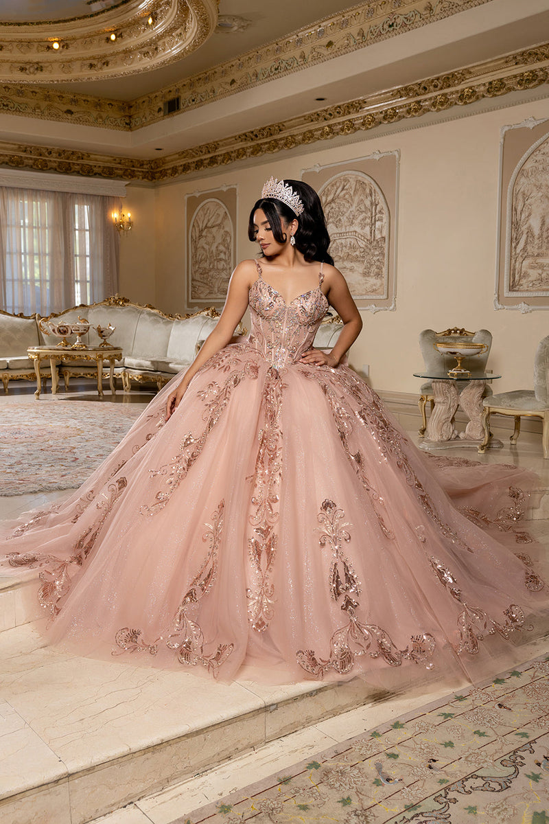 Quinceañera Ball Gown with Beaded Corset Bodice Glitter Tulle Skirt & Crystal Tiara By Layla K LK294