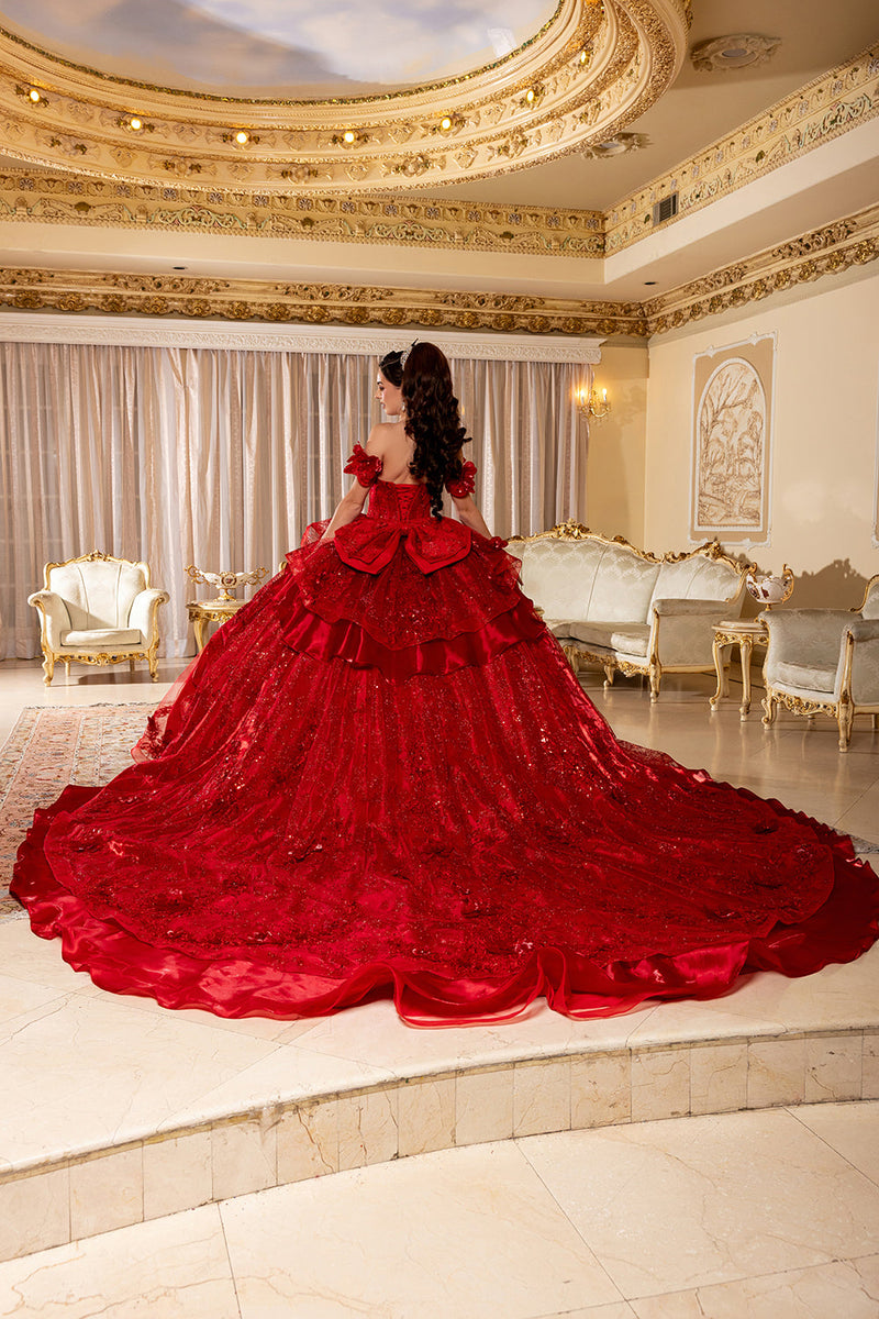 Off-Shoulder Ball Gown Sweetheart Corset Quinceañera Dress with Layered Ruffles by Layla K LK295
