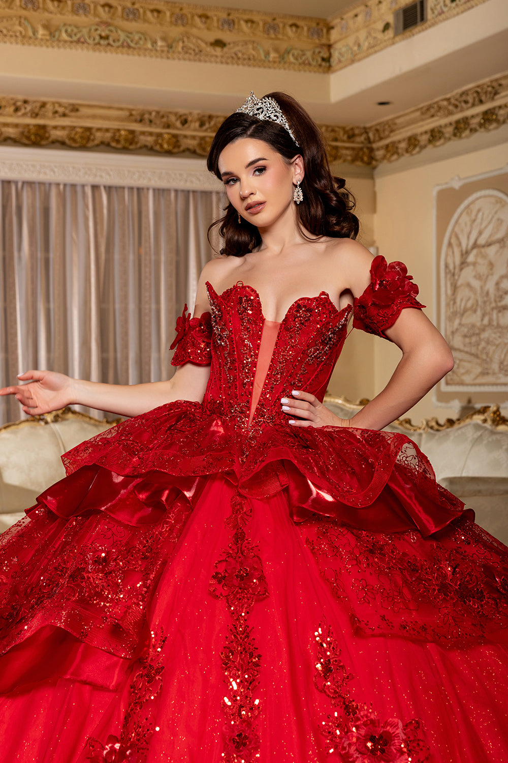 Off-Shoulder Ball Gown Sweetheart Corset Quinceañera Dress with Layered Ruffles by Layla K LK295