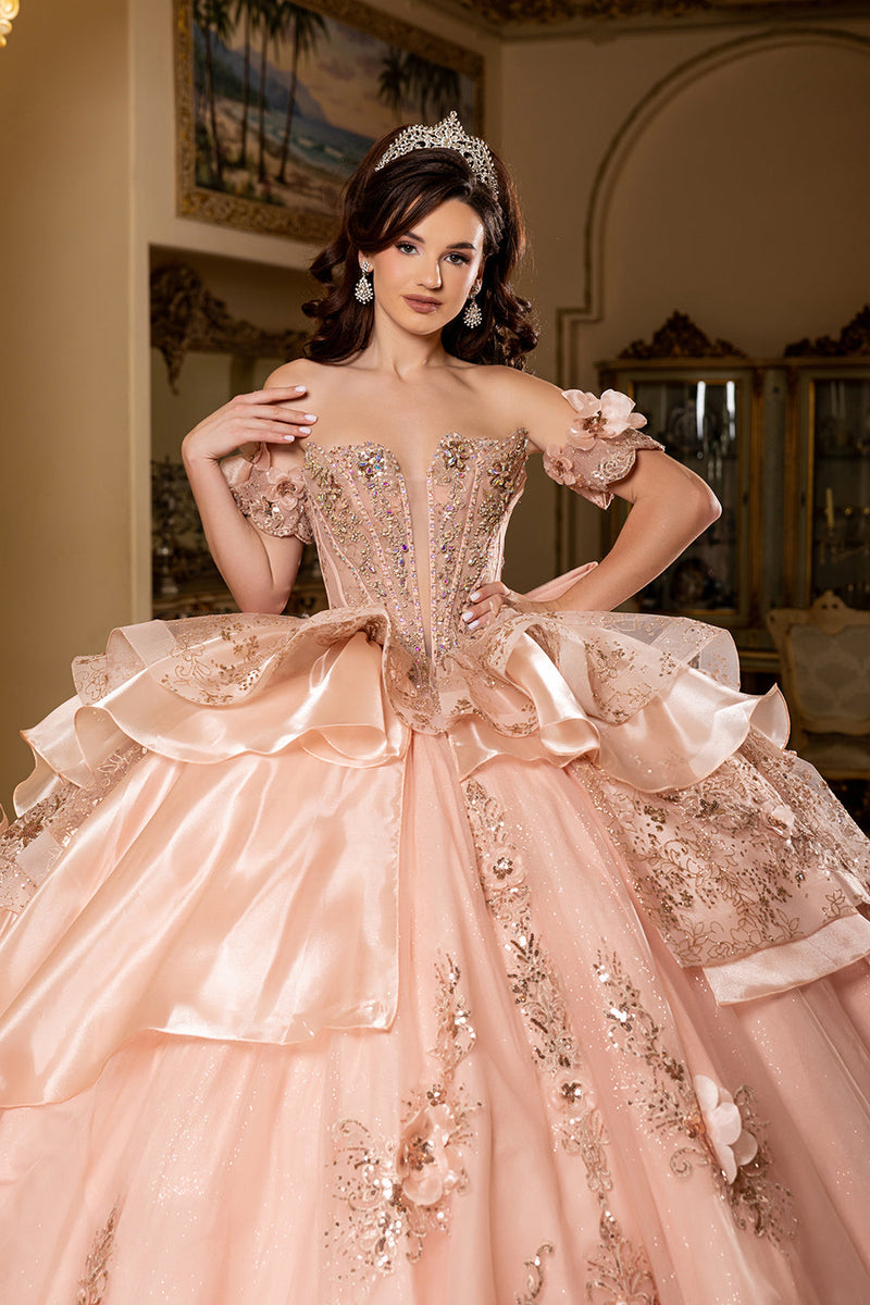 Off-Shoulder Ball Gown Sweetheart Corset Quinceañera Dress with Layered Ruffles by Layla K LK295