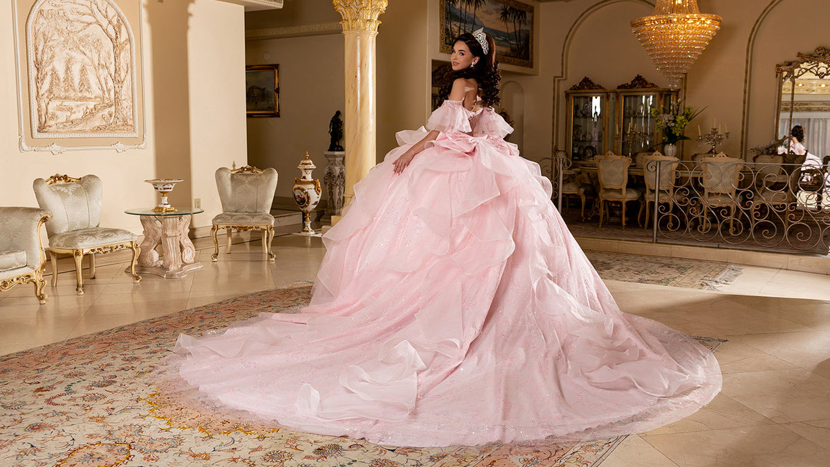 Off-Shoulder Quinceanera Ball Gown Glitter Tulle Corset Dress with Ruffled Skirt by Layla K LK296