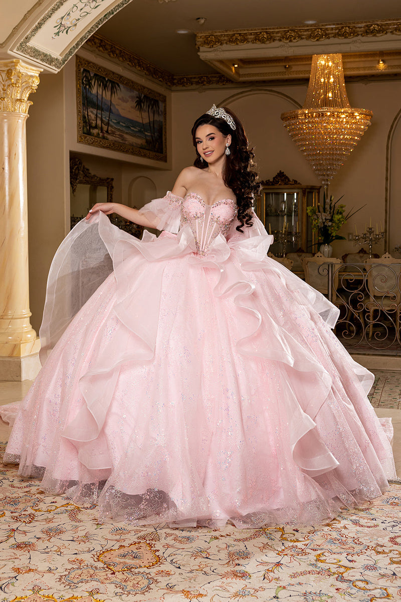 Off-Shoulder Quinceanera Ball Gown Glitter Tulle Corset Dress with Ruffled Skirt by Layla K LK296