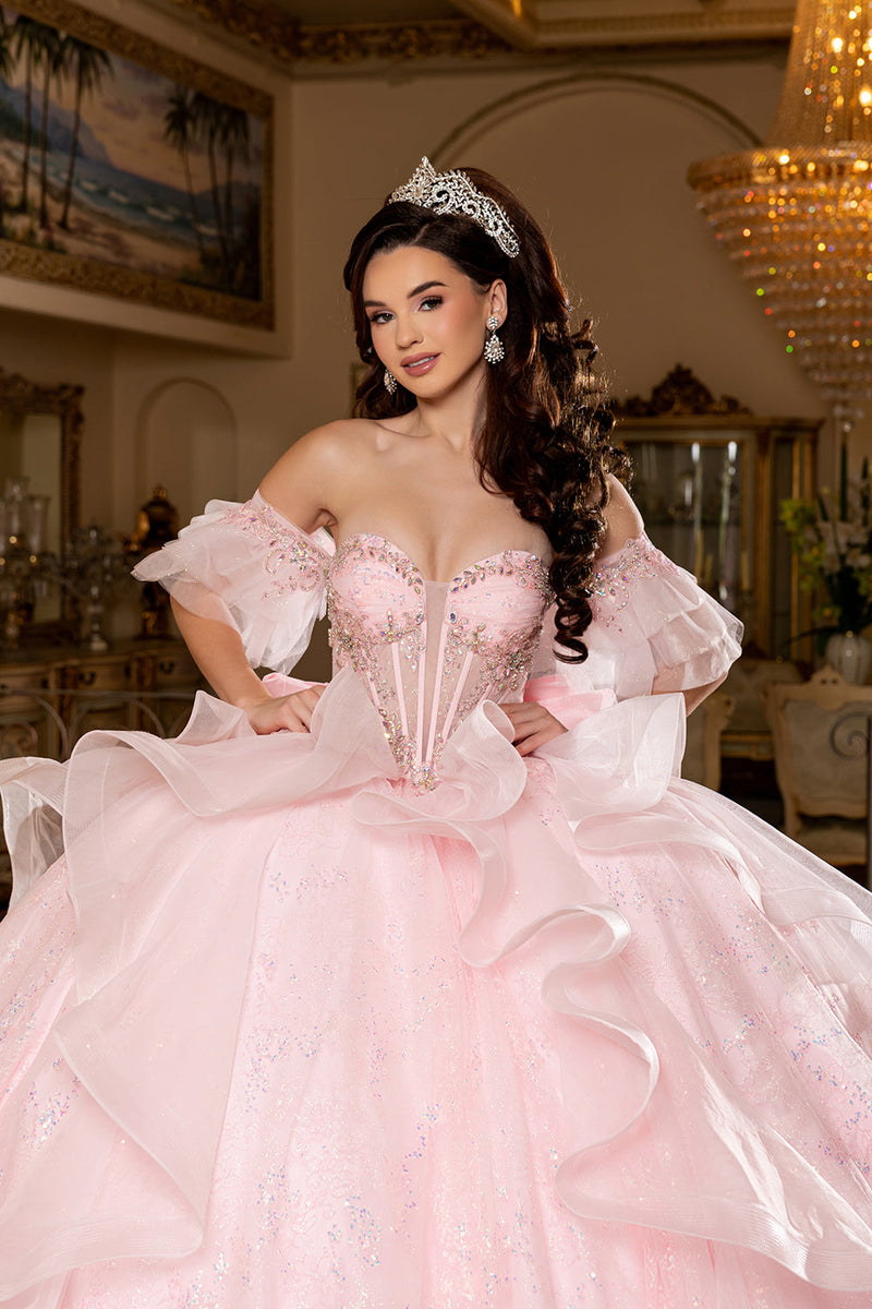 Off-Shoulder Quinceanera Ball Gown Glitter Tulle Corset Dress with Ruffled Skirt by Layla K LK296