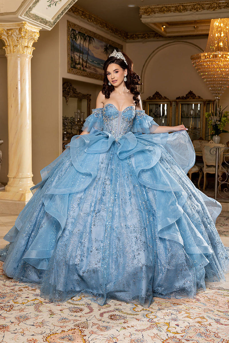Off-Shoulder Quinceanera Ball Gown Glitter Tulle Corset Dress with Ruffled Skirt by Layla K LK296